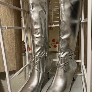 Metallic Silver Knee-High Stiletto Boots with Wrap Strap